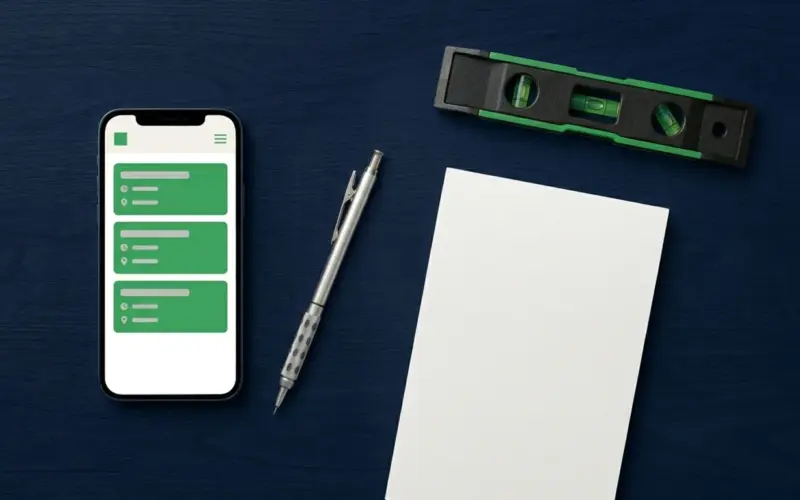 A flat-lay overhead shot of a dark navy workbench with a smartphone displaying a job scheduling app, a mechanical pencil, a closed notepad, and a spirit level, representing job management tools for UK tradespeople.