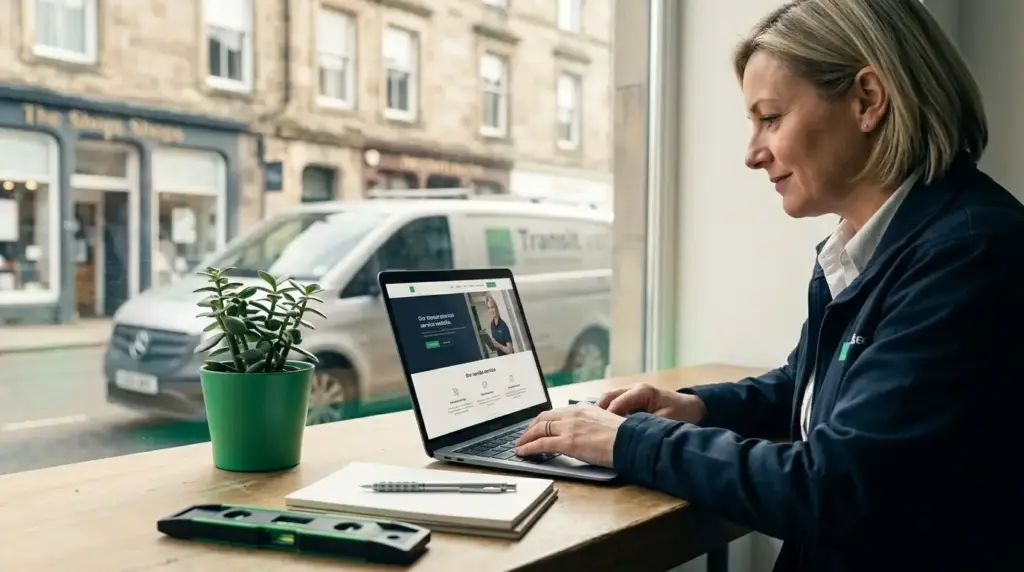 Does a small business need a website? This female tradesperson in a navy work jacket thinks so, reviewing her business website on a laptop with a UK high street visible behind her.