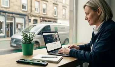 Does a small business need a website? This female tradesperson in a navy work jacket thinks so, reviewing her business website on a laptop with a UK high street visible behind her.