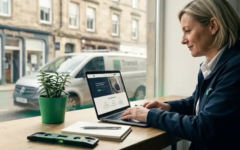Does a small business need a website? This female tradesperson in a navy work jacket thinks so, reviewing her business website on a laptop with a UK high street visible behind her.