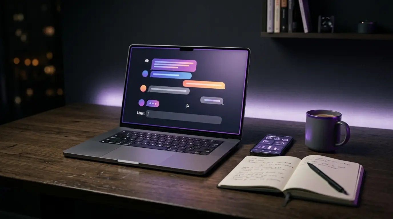 A laptop and phone displaying AI chat interfaces on a clean desk with soft purple and lavender ambient lighting
