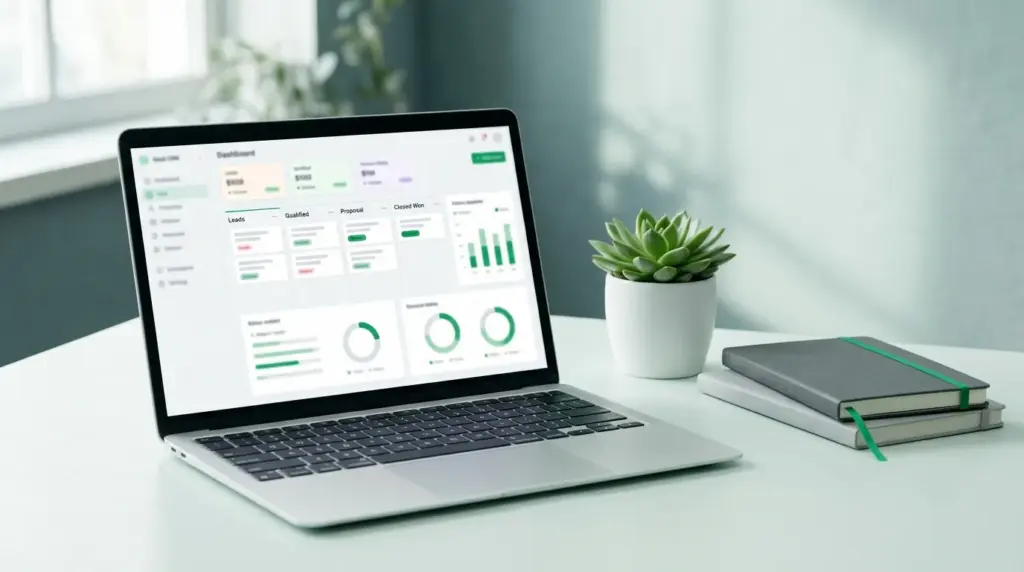 Laptop displaying a CRM dashboard on a mint white desk, styled as a clean editorial product scene representing the best CRM software for UK small businesses