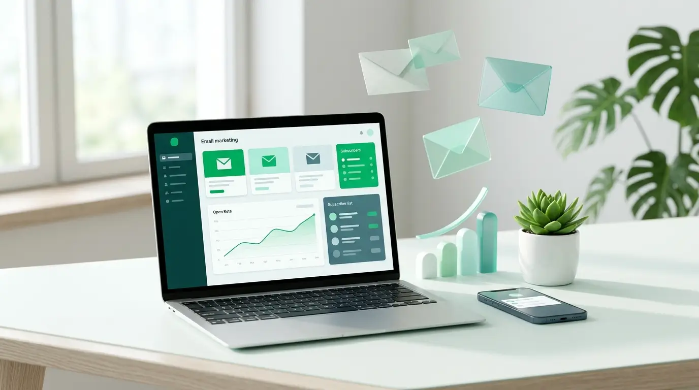 Laptop displaying an email marketing dashboard with green campaign charts on a bright mint background, representing email marketing software for UK small businesses.