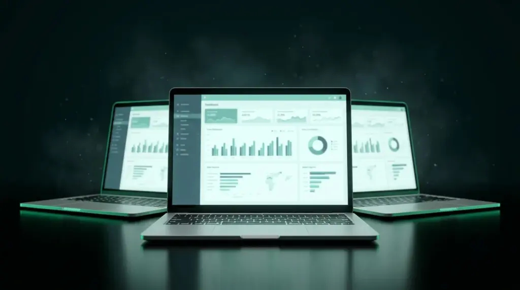Three premium laptops displaying business dashboards, representing the best laptops for small business UK buyers in 2026