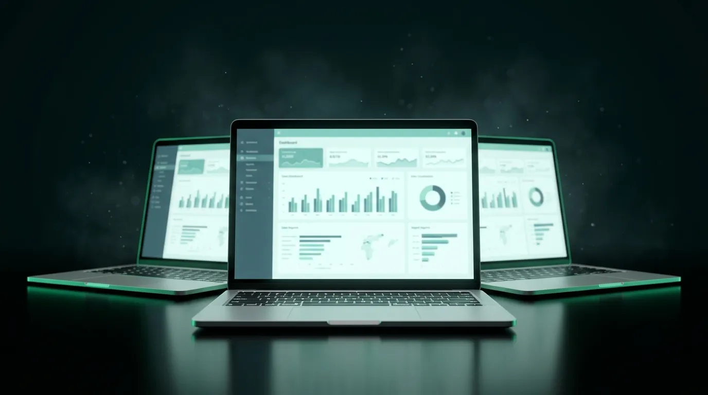 Three premium laptops displaying business dashboards, representing the best laptops for small business UK buyers in 2026