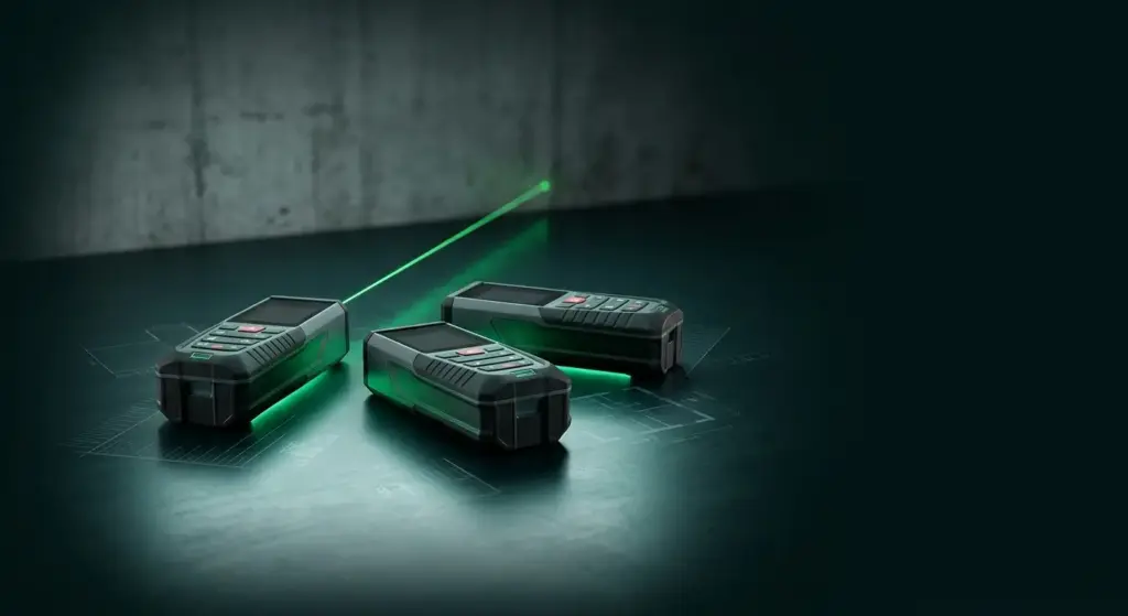 Three professional laser measures arranged on a dark surface with green laser beam and ambient lighting