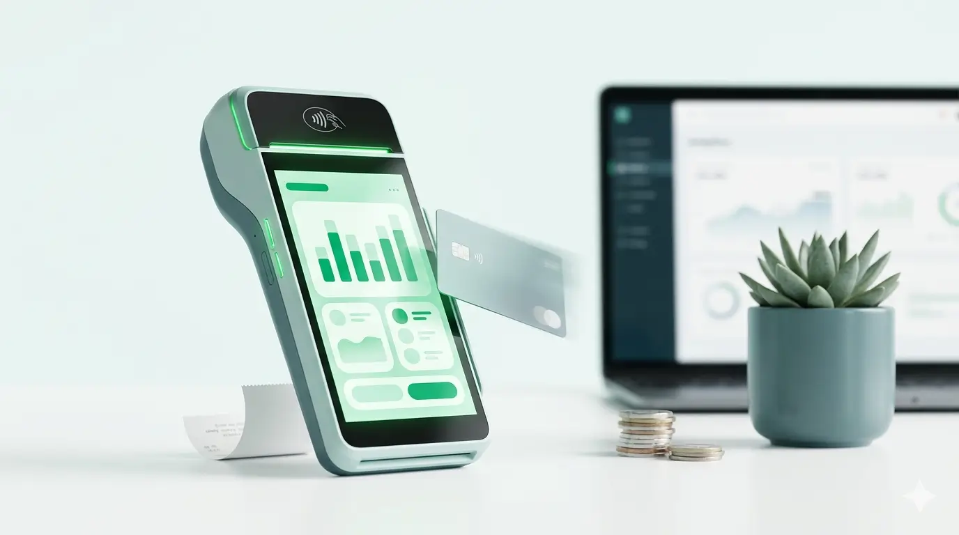 Card payment terminal displaying a sales dashboard, illustrating the best payment terminals for UK small businesses.