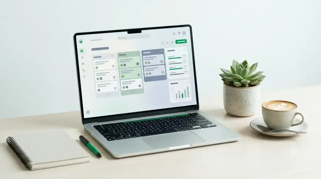 Laptop displaying a project management dashboard with task boards and progress indicators, styled as a clean editorial product scene on a mint off-white background.