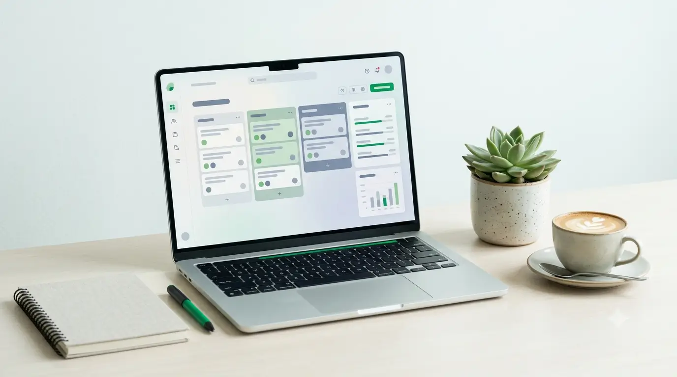 Laptop displaying a project management dashboard with task boards and progress indicators, styled as a clean editorial product scene on a mint off-white background.