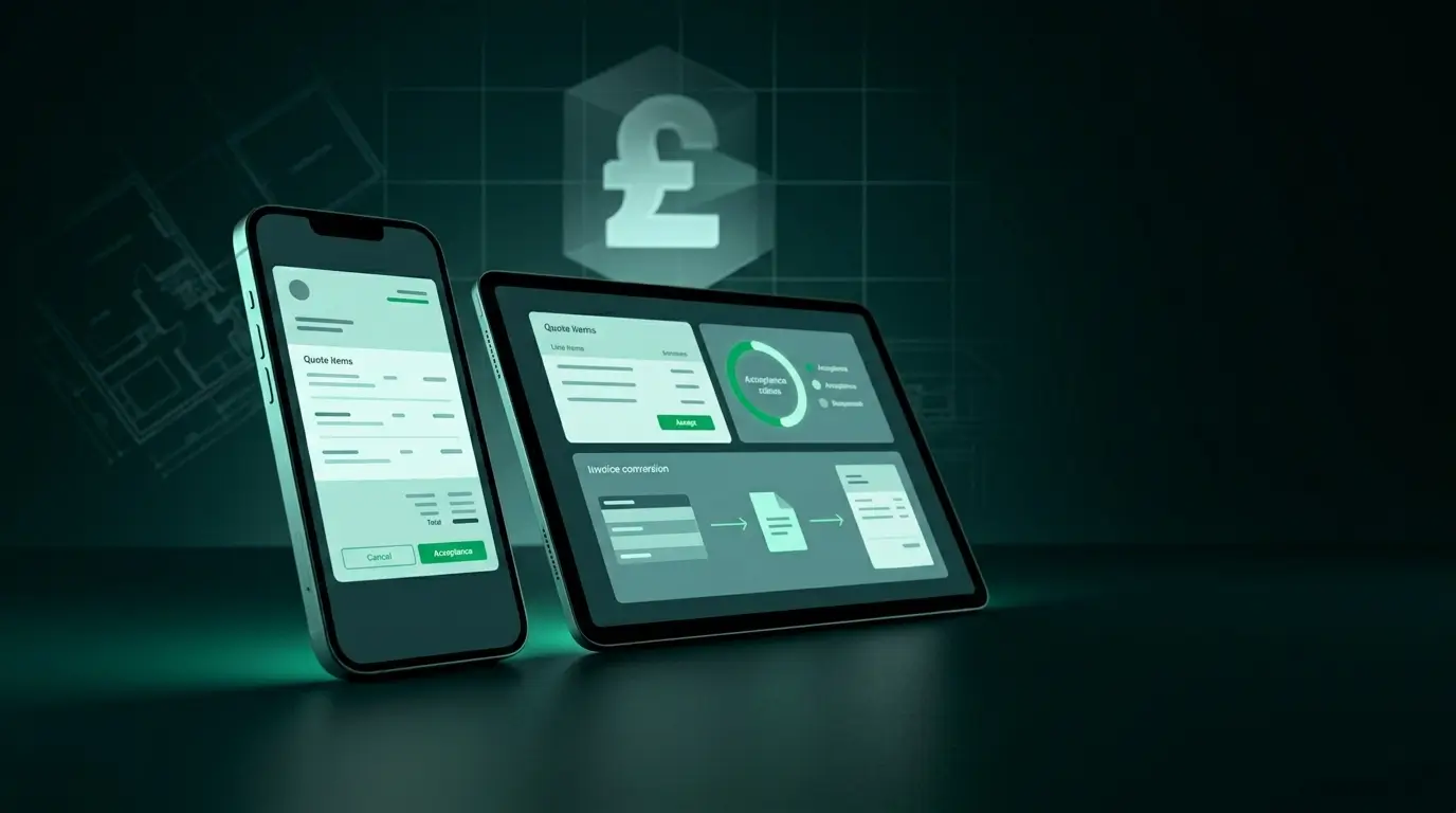 Quoting software for UK tradespeople shown on smartphone and tablet screens, displaying quote line items, online acceptance, and invoice conversion workflow.