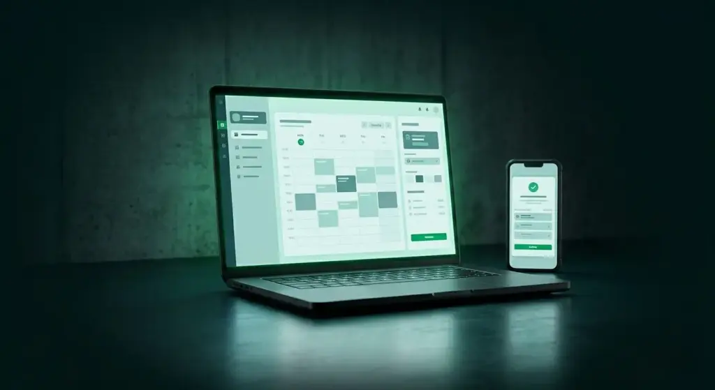 A dark cinematic product scene showing a laptop and smartphone displaying a calendar booking dashboard, lit with green accent lighting against a deep teal-black background.