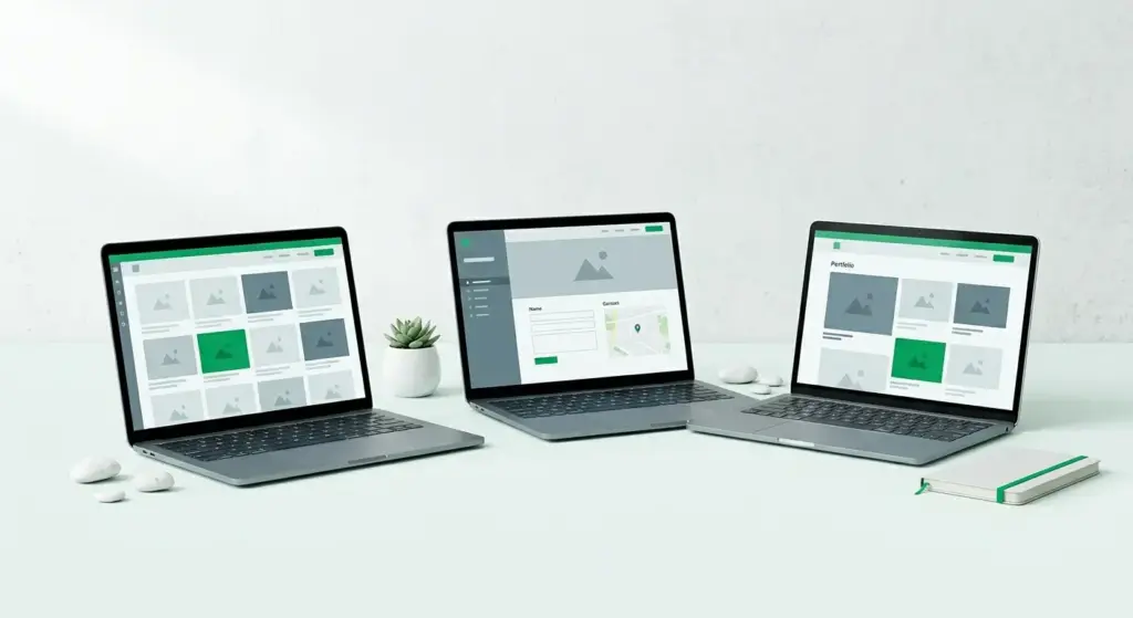 Three laptops displaying website builder interfaces on a mint white background, representing the best website builders for UK small businesses