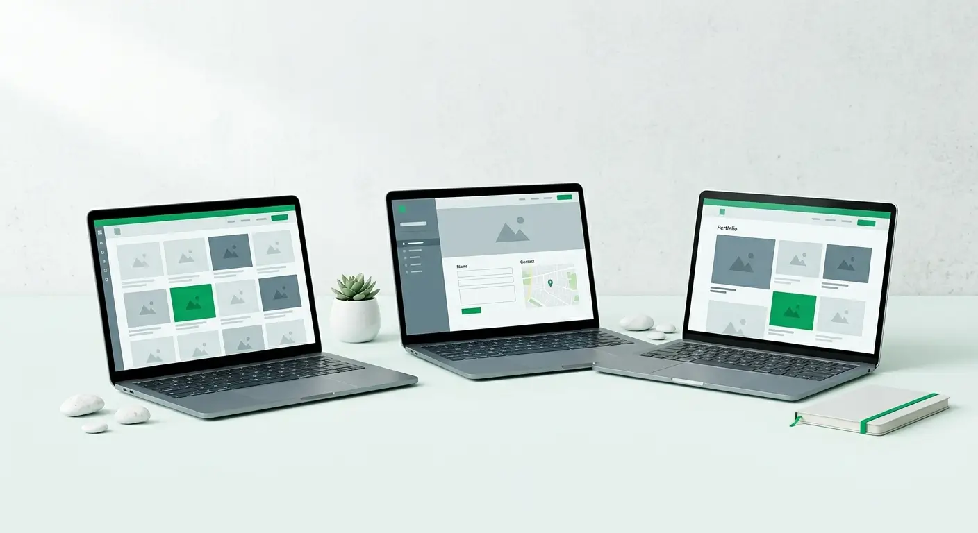 Three laptops displaying website builder interfaces on a mint white background, representing the best website builders for UK small businesses