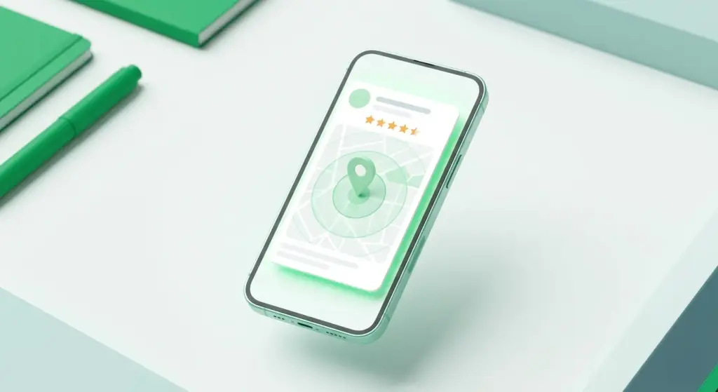 Smartphone displaying a Google Business Profile listing card with map pin, service area rings, and five-star reviews